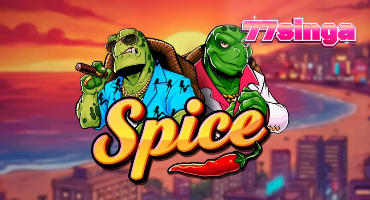 Tampilan visual slot Spice dengan tema kura-kura dan nuansa neon pantai.